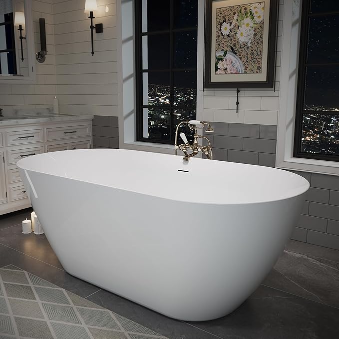 ABRUZZO 60" Acrylic Freestanding Bathtub - Oval Deep Soak Tub, Center Drain & Overflow, cUPC Certified Glossy White