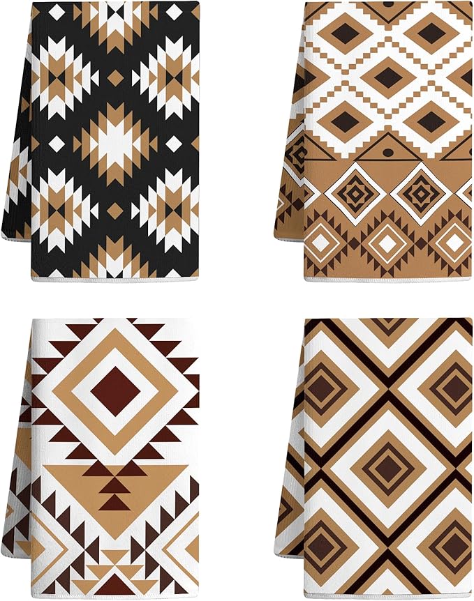 Set of 4 Western Aztec Kitchen Towels Vintage Themed Dish Towel Bathroom Decorative Rustic Cloths for Kitchen Bathroom Home Cooking Housewarming Gifts, 14 x 21 Inch