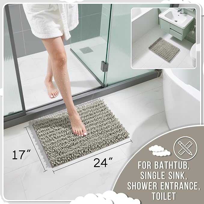 Yimobra Bathroom Rugs Non Slip Washable - Ultra Soft Absorbent Chenille Bath Mat, Quick Dry Shaggy Floor Carpet for Tub Shower, Sand Home Decor Accessories, 24x17 Inch
