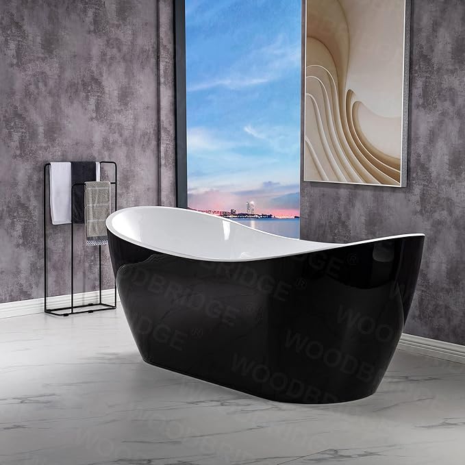 WOODBRIDGE 71" Acrylic Freestanding Bathtub Contemporary Soaking Black Tub with Brushed Nickel Overflow and Drain,Black,B1817-BN