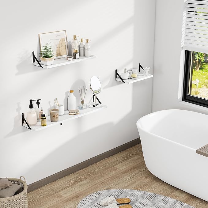 Dreamland Wall Shelves Long, 24W x 8D Wall Mounted Shelves Set of 2, Wide Display Ledge Shelf with Sturdy Metal Brackets for Living Room, Bathroom, Bedroom and Kitchen, White