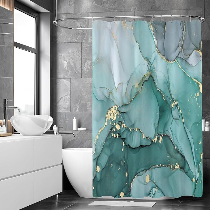 Turquoise Marble Shower Curtain 60x72, Teal Modern Abstract Fabric Shower Curtains for Bathroom, Luxury Art Ink Texture Watercolor Cloth Shower Curtain Set with Hooks