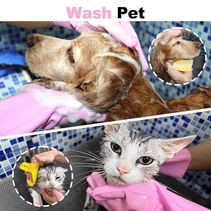 2-in-1 Pet Grooming Gloves and Brush,Dog and Cat Bath Scrubber Silicone Gloves Large