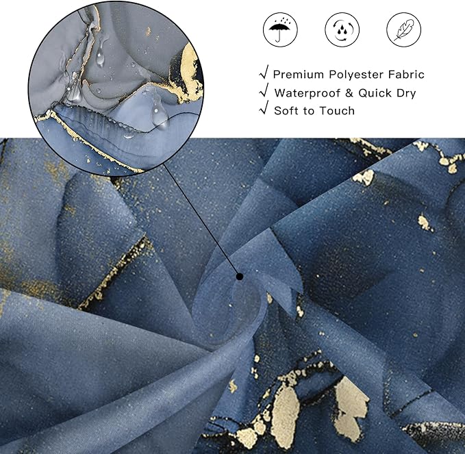 Extra Long Shower Curtain 72 x 84 Inch, Navy Blue Tall Abstract Marble Shower Curtains for Bathroom, Modern Luxury Art Decor Ink Texture Fabric Shower Curtain Set with Hooks