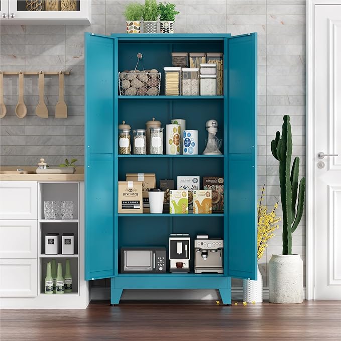 Metal Cabinets with Barn Doors and Adjustable Shelves,61" Tall Storage Cabinet,4-Tier Storage Cupboard for Kitchen,Dining Room,Garage,Bathroom,Blue
