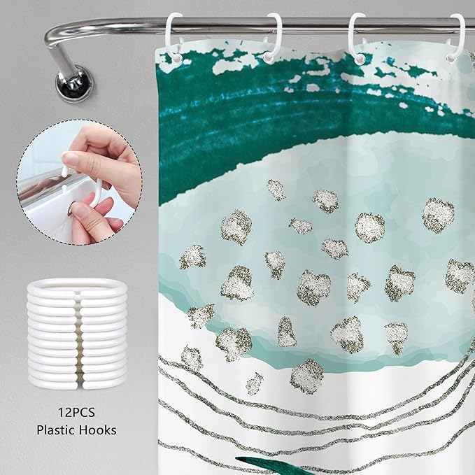 Green Boho Shower Curtain 72Wx72H Bohemian Modern Abstract Teal Tropical Palm Leaves Plant Arch Lines Mid Century Bathroom Decor Minimalist Geometric Bath Curtain Fabric Polyester 12 Pack Hooks