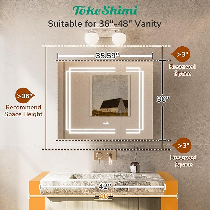 TokeShimi 36 x 30 LED Mirrored Medicine Cabinet with Defogger, 3 Colors Lighted Medicine Cabinet Tempered Stepless Dimming, CRI 80+, Memory Funtion, Wall Mount Bathroom Mirror with Storage