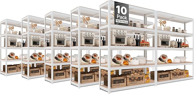 HOMEDANT House 5 Tier Laminated Metal Shelving Unit Adjustable Storage Utility Rack Heavy Duty Shelves Organization Multipurpose Shelf Kitchen Garage Pantry Closet (10, (XL Deep) 48.1" W, White)