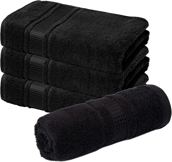 Melissa Linen, 4 Piece Washcloths Set, 100% Turkish Cotton Towels for Body and Face Towels, 12 in x 12 in, Absorbent, Quick Dry, Durable and Soft, Baby Wash Cloths, Wash Rags for Kitchen, Jet Black