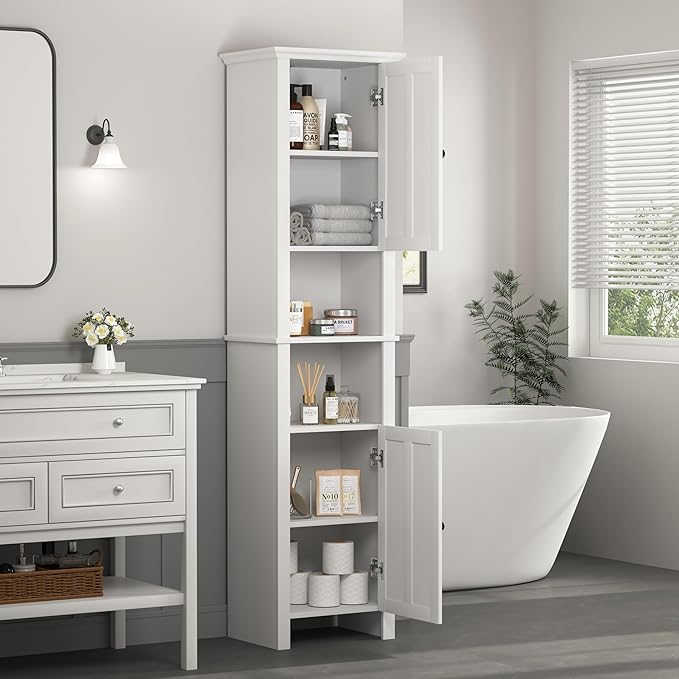 Tall Bathroom Storage Cabinet with Adjustable Shelves,66.92" H Slim 1-Door Freestanding Cabinet for Small Spaces, Bathroom,Kitchen, Living Room,White (Farmhouse)