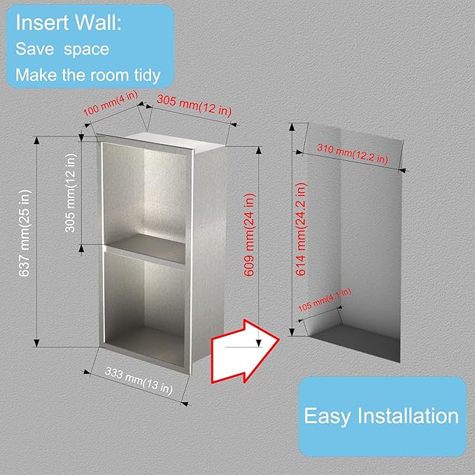 Stainless Steel no Tile Needed Metal Niche,Double Shelves，Stainless Steel Finished Shower Insert Wall Niche(Brush, 24 * 12 in)