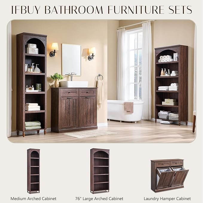 76" Tall Arched Bathroom Storage Cabinet, 5 Tiers Large Farmhouse Arched Cabinet w/Adjustable Shelves, Modern Wooden Storage Cabinet for Bathroom, Living Room, Entryway, Study Room (Brown)