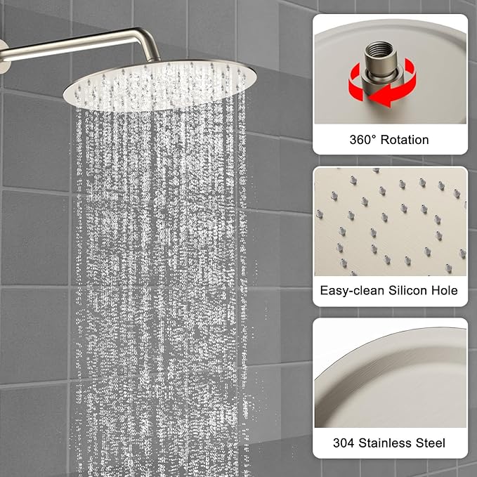 Shower Faucet Set 10IN Brass Rough-In Valve Body Trim Kit Rainfall Included Handle Accessories Complete 2 Functions with Rain Head and Handheld Bathroom Systems (10'', Brushed Nickel)