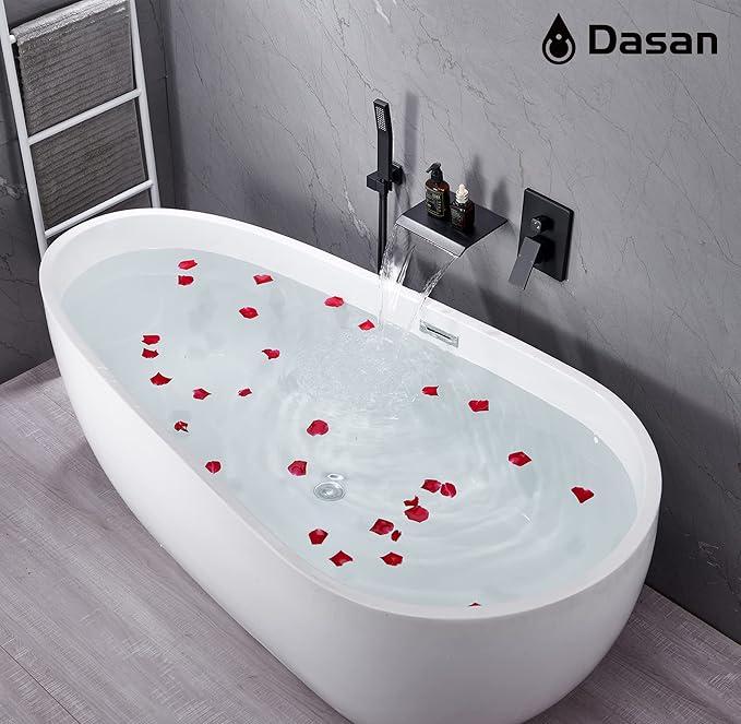 Upgraded Wall Mount Tub Filler Faucet with Handheld Shower, DASAN Modern Wall Mounted Bathtub Faucet Matte Black High Flow Waterfall Tub Faucet with Rough in Valve, SA-TF04WH-MB