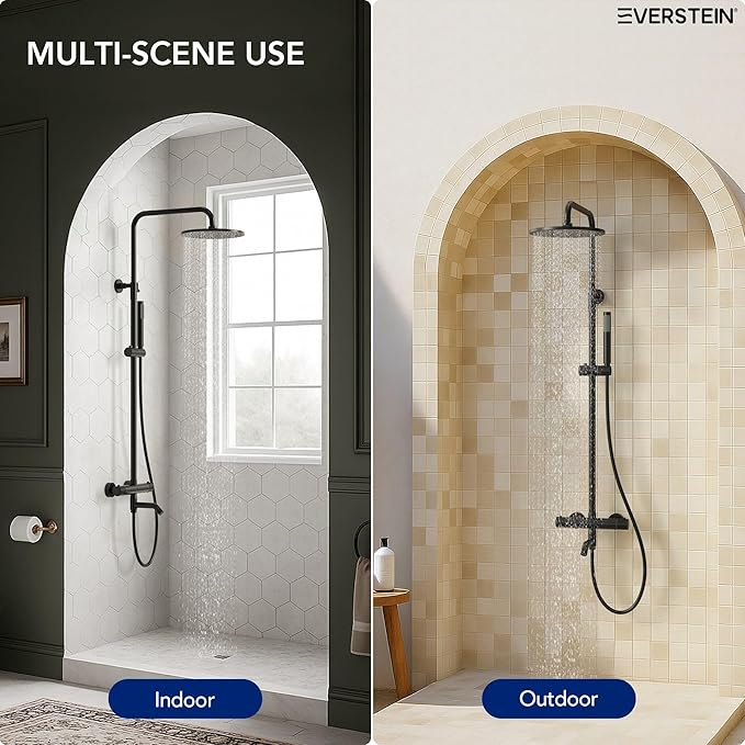 Exposed Shower System with Tub Spout, EVERSTEIN 10 inch High Pressure Shower Faucet Set, 3-Function Wall Mount Rain Showerhead with Handheld Sprayer, Outdoor Bathroom Fixtures, Matte Black