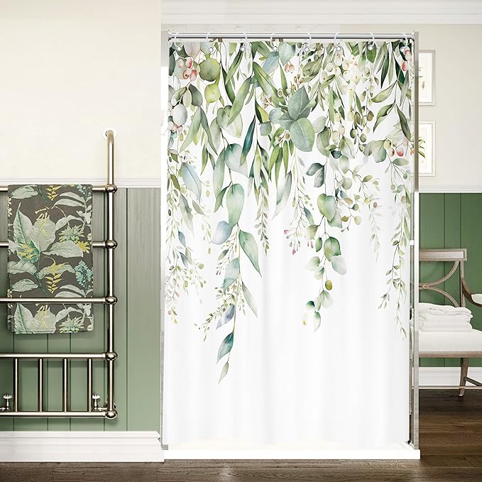Riyidecor Small Stall Narrow Shower Curtain for Bathroom Decor 48Wx72H Sage Green Eucalyptus Leaves Plants Botanical Spring Floral Art Printed Fabric Polyester Waterproof