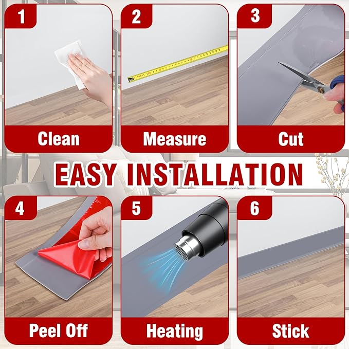 Vinyl Baseboard Molding Trim 6 Inch x 40 Feet Peel and Stick Baseboard Trim Flexible PVC Cove Base Moulding Self-Adhesive Trim for Garage Bathroom Cabinet Floor Walls, Gray