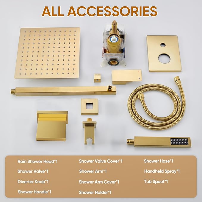 Gold Shower System with Tub Spout, All Metal Tub Shower Faucet Set with 10" Rain Shower Head and Handheld Spray combo, Wall Mounted Tub Shower Systems with Valve and Trim Kit, Brushed Gold