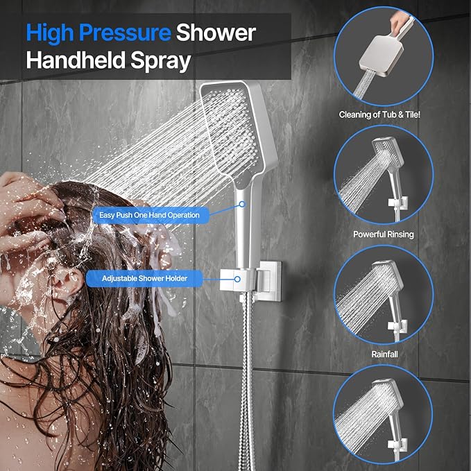 Shower System Brass Thermostatic Shower Faucet Set With Valve and Diverter Shower Mixer With Rain Head and Handheld High Pressure Square Rainfall