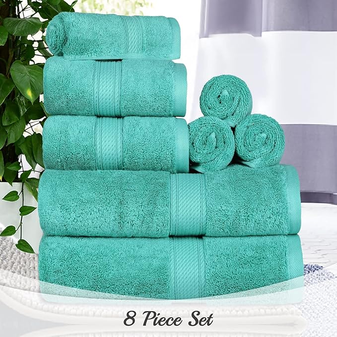 BLUENILEMILLS Madison Egyptian Cotton Towels, Towel Set for Bathroom, Shower, Hotel, Plush, 800 GSM, Highly Absorbent and Ultra-Soft Towels, Bath Essentials, 8 Piece Assorted Towel Set, Turquoise