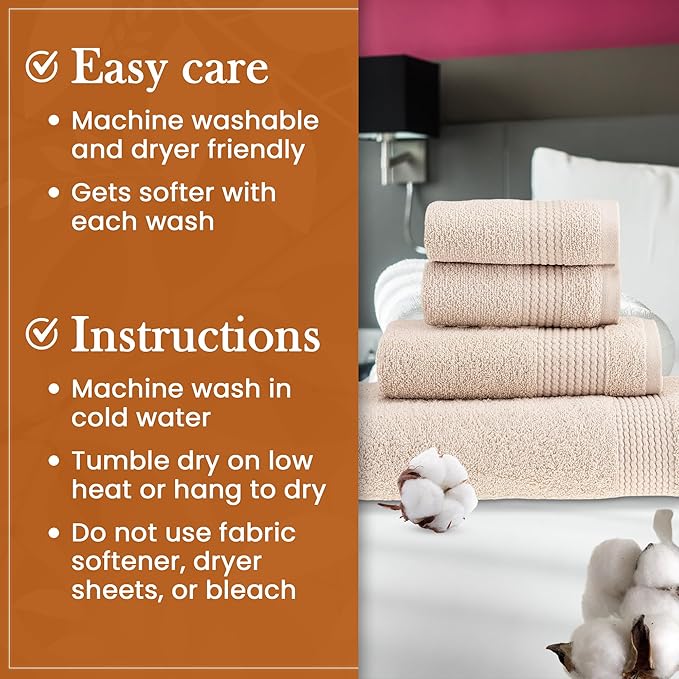 HALLEY Turkish Cotton Towels (Set of 4) 1 Bath Towel 1 Hand Towel 2 Washcloths, Super Soft Highly Absorbent 100% Cotton Towels for Bathroom and Kitchen for Mother’s Day (Ivory White)