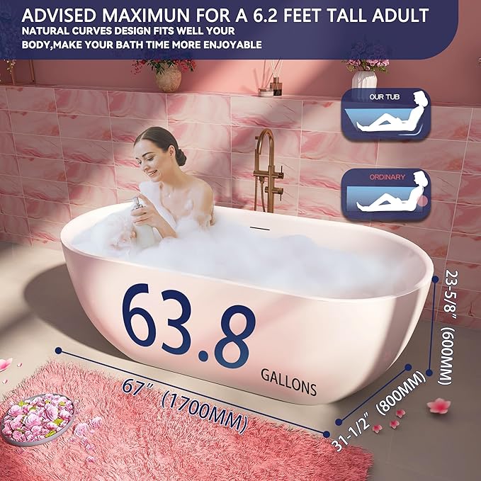 67" Acrylic Free Standing Tub, Stand Alone Tub, Freestanding Bathtub, Soaking Bathtub, cUPC Certified, SE(Glossy White)