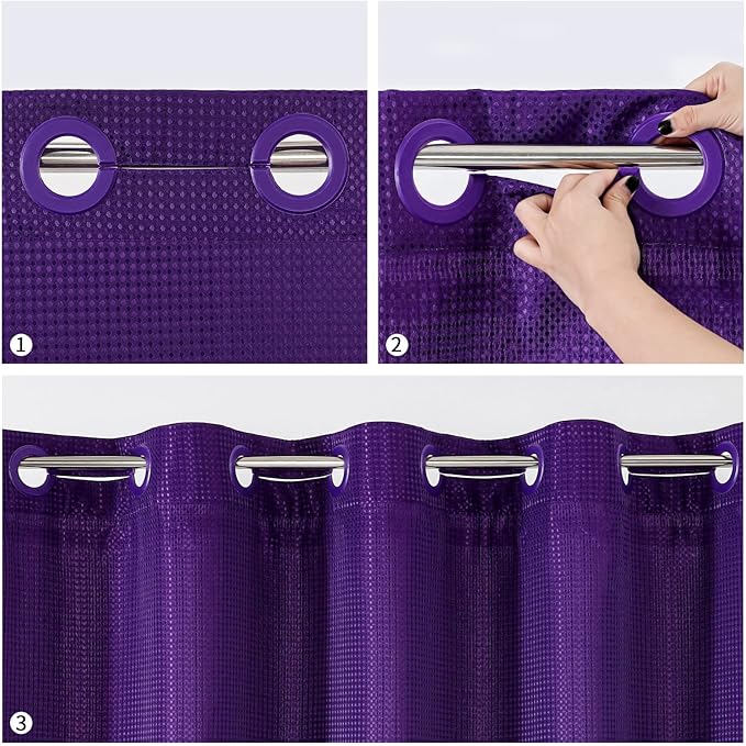 MitoVilla Extra Long Shower Curtain Liner Set, Purple 86 inch XL Waffle Fabric Shower Curtains with Snap-in Liner for Luxury Hotel Grade & Spa-Like Bathroom Decor, No Hooks Needed