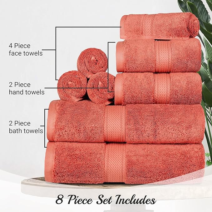 BLUENILEMILLS Madison Egyptian Cotton Towels, Towel Set for Bathroom, Shower, Hotel, Plush, 800 GSM, Highly Absorbent and Ultra-Soft Towels, Bath Essentials, 8 Piece Assorted Towel Set, Coral