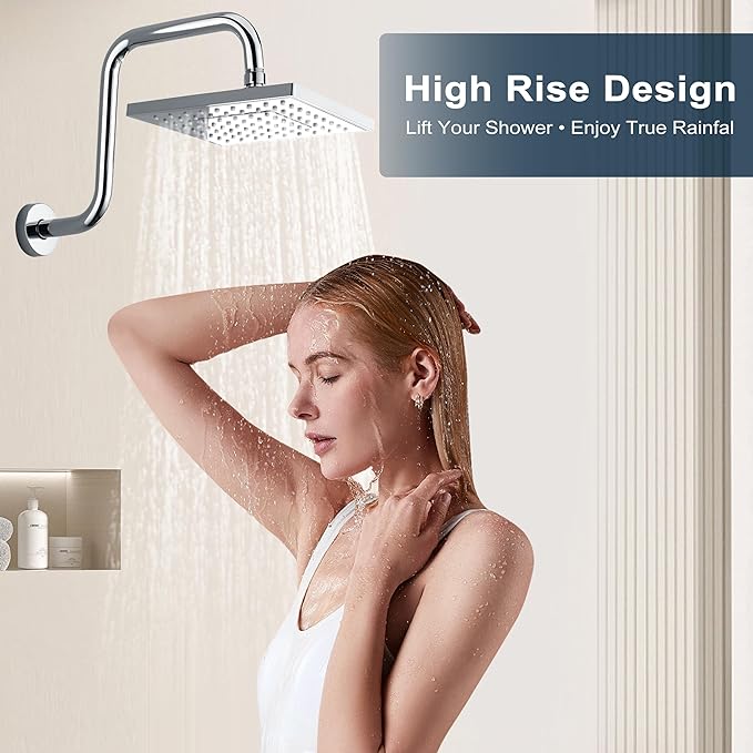 BRIGHT SHOWERS 13 Inch Shower Head Extension Arm with Flange S Shaped High Rise Extender, Long Stainless Steel Rainfall Shower Head Pipe Arm, Chrome