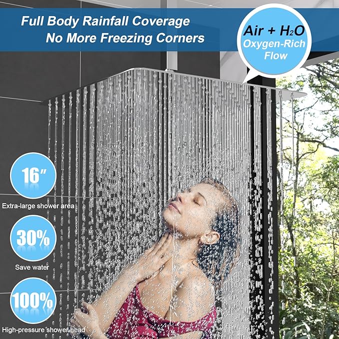 Enga Thermostatic Dual Shower Head System, 16"+6" Rain Shower Heads & Handheld Shower Faucet Set, Can All Run Together & Volume Adjustable, Chrome