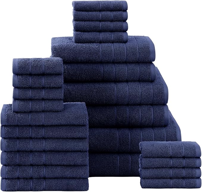 Casa Platino 100% Mercerized Cotton Towels for Bathroom - 24 Pc - Ringspun, Soft & Absorbent - 2 Bath Sheets, 2 Gym, 2 Bath, 4 Fingertip, 6 Hand Towels, 8 Washcloth - Sustainably Produced - Navy Blue