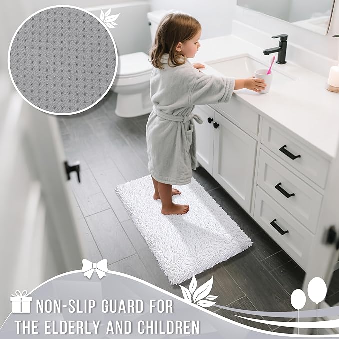 Yimobra Long Bathroom Rugs Runner 60x24 Inch, Extra Thick Soft Absorbent Chenille Bath Mat, Non Slip Machine Washable, Quick Dry Bath Rugs for Bathroom Floor, Tub and Shower, White