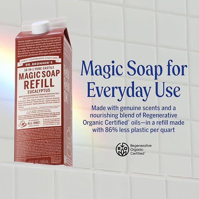 Dr. Bronner's Pure-Castile Liquid Magic Soap Bottle & Refill Carton - Made with Regenerative Organic Certified Oils- 18-in-1 Uses for Face, Body Wash, Hand Soap Refill- Eucalyptus, 32oz + Refill