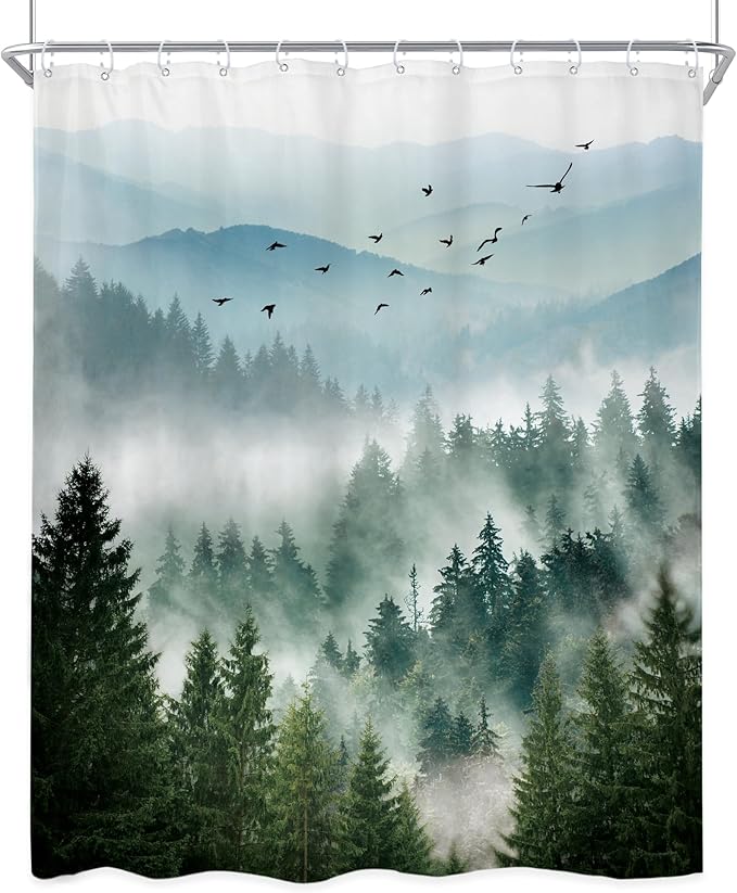 Riyidecor Green Shower Curtain 54Wx78H Inch Long Rustic Mountain Scenery Pine Tree Greenery Landscape Natural Woodland Mens Nature Bathroom Decor Fabric Polyester Waterproof 12 Pack Hooks