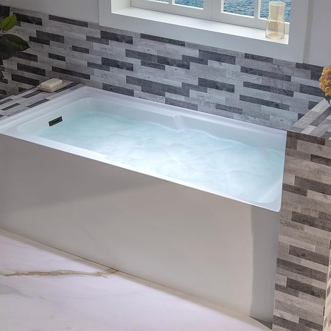 WOODBRIDGE 54" Acrylic Rectangular Alcove Soaking Bathtub in White with Left Drain, Matte Black pop-UP Drain Included BA5430L