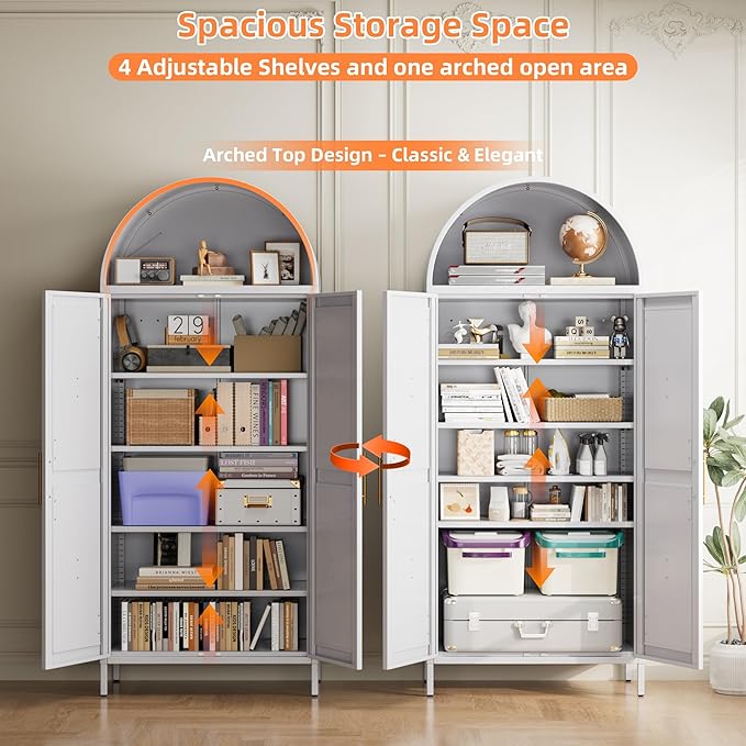 Farmhouse Kitchen Pantry Cabinet, 73in Tall Arched Storage Cabinet with Doors and Shelves, White Freestanding Cupboard for Laundry, Dining Room, Living Room, Bathroom