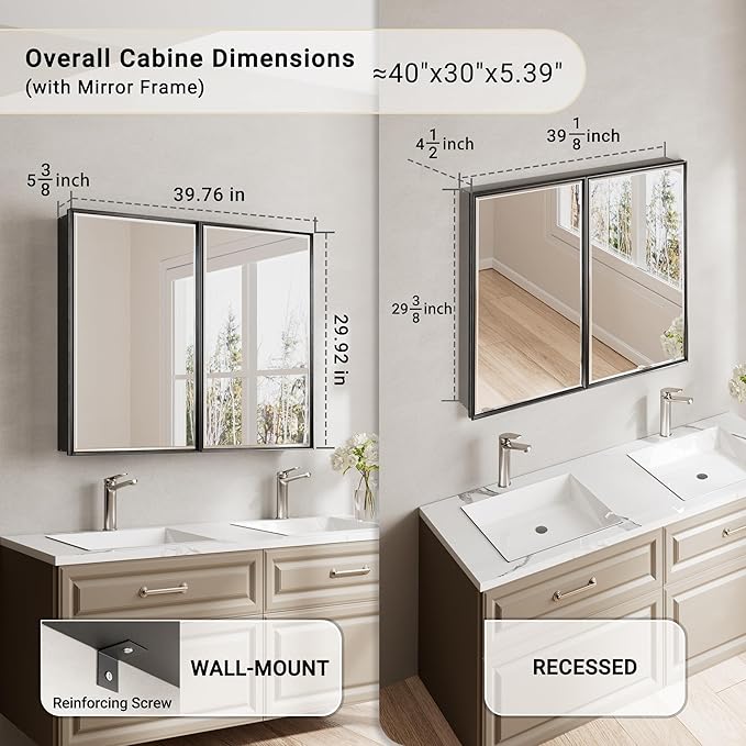 40x30 Pre-Assembled Black Medicine Cabinet with Mirror, Surface or Recessed Medicine Cabinet Mirror for Bathroom, Aluminum Beveled Frame Bathroom Vanity Mirror with Adjustable Shelves Storage