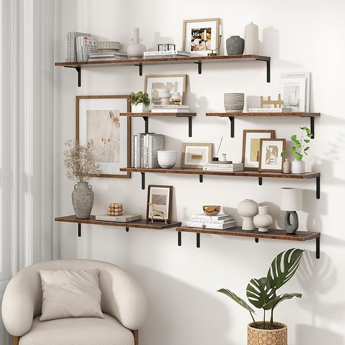 Fun Memories Deep Floating Shelves, 48W x 8D Floating Shelves Set of 2, Wall Mounted Shelf with Metal Brackets, Rustic Wood Wall Shelf for Bathroom, Kitchen and Living Room, Rustic Brown