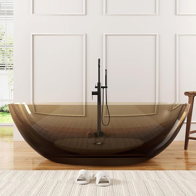 Stone Resin Freestanding Bathtub 71", Elegant Oval Shape Soaking Tub, Solid Surface Stand Alone Bathtub with Drain & Integrated Slotted Overflow Transparent Sepia AMFS303-1800 SEPIA