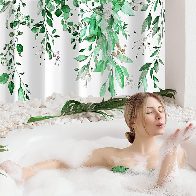 Gibelle Extra Long Shower Curtain 72 x 84, Emerald Green Floral Shower Curtain for Bathroom, Watercolor Plant Eucalyptus Leaves Fabric Shower Curtain Set