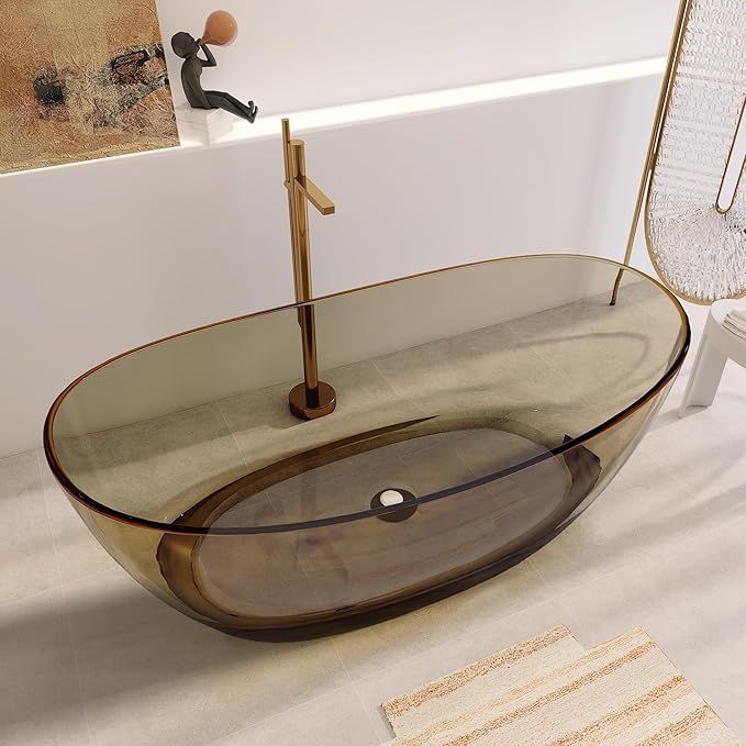 65" Premium Solid Surface Freestanding Bathtub, Contemporary Design Stand Alone Stone Resin Tub with Overflow and Pop-up Drain, Transparent Brown