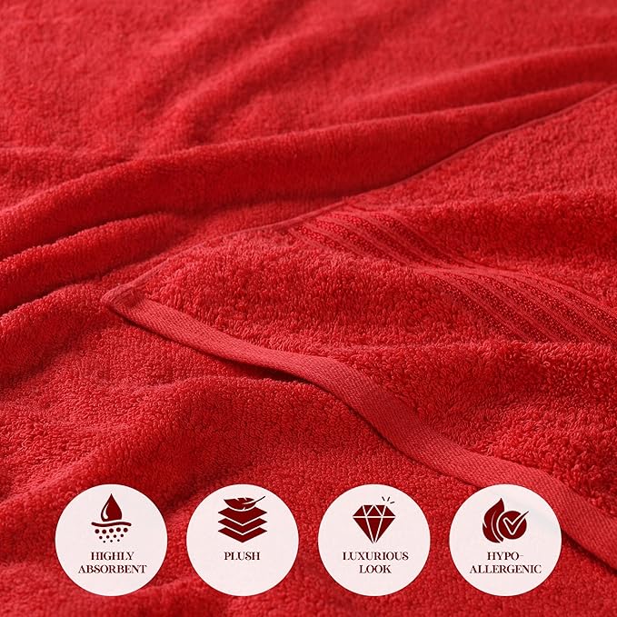 Superior Egyptian Cotton Bath Towel Set, Home Bathroom Towels, Master, Guest Bath, Decor Essentials, Quick Dry, Absorbent, Large Body Towels, Spa, Hotel, Resort, Adult, Kids, Set of 2, Red