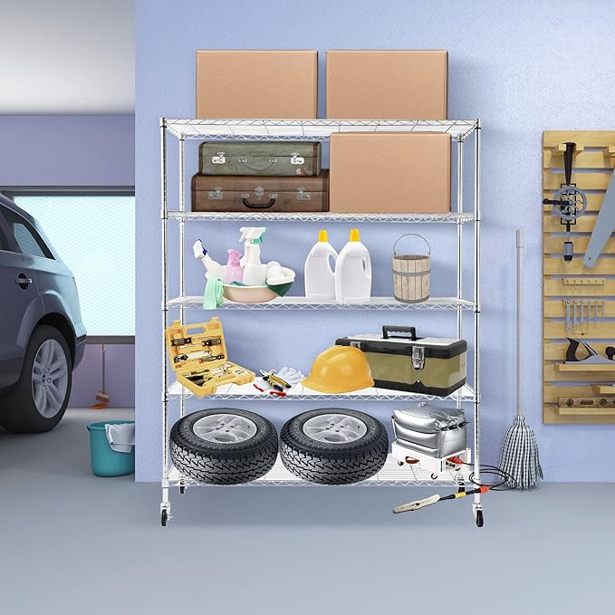 BNSPLY Commercial Wire Shelving Unit with Wheels, 5 Tier Adjustable Wire Shelves with NSF Certified, Heavy Duty Metal Storage Rack Shelf Unit for Kitchen, Garage (17.7" D x 59" W x 71" H, Chrome)