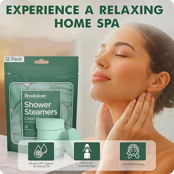 Brookstone Shower Steamers Aromatherapy 12 Tablets - Christmas Stocking Stuffers for Men, Birthday Gifts for Women, Green Elephant, Relaxation, Self Care - Shower Steamers Clean Breeze