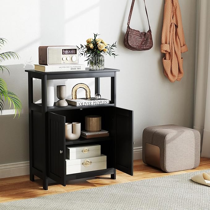 COSTWAY Bathroom Floor Storage Cabinet, Modern Wooden Freestanding Storage Organizer with 2 Doors, 3-Level Adjustable Shelf, for Entryway, Living Room, Kitchen (Black)