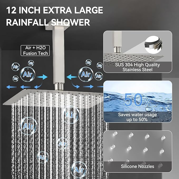 Brushed Nickel Shower System with Jets,Bostingner 4 Way Shower Faucet Set with 2 in1 Handheld,Ceiling Mount 12"+6" Rain Shower Head Wall Mounted, 4 Body Spray Jets Dual Head Shower Set