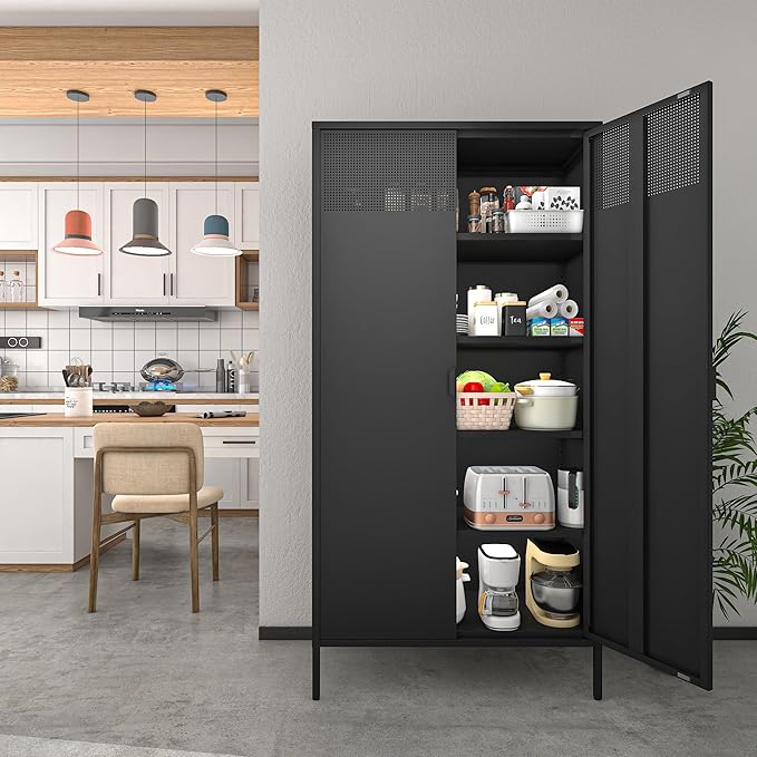 COFaR 5 Tier Black Metal Storage Cabinet, Free Standing with 2 Doors, 4 Adjustable Shelves and Legs, Cupboard Metal Cabinet for Living Room, Kitchen, Dining Room, Office