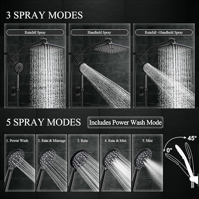 Veken 11.8" Rain Shower Head with Handheld, High Pressure Handheld Shower Heads with Multi Spray Modes, Rainfall Combo with 15" Metal Extension Arm,Detachable Dual Shower, Long 6 ft. Hose,Matte Black