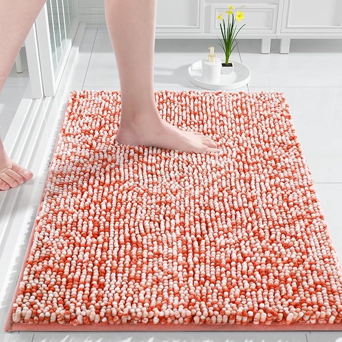 Yimobra Bath Mats for Bathroom Non Slip, 36x24, Extra Soft Chenille Bathroom Rugs, Luxury Fluffy Long Matts for Tub, Plush Shaggy Carpet, Water Absorb, Machine Washable, Orange & Pink