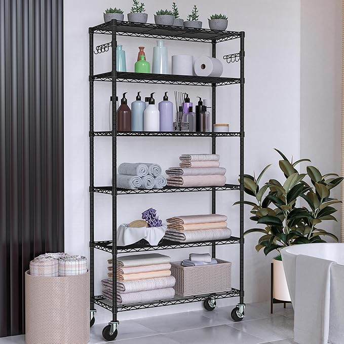 6 Tier Storage Shelves with Wheels Heavy Duty Wire Rolling Shelving Rack Organizer Garage Metal Steel Unit Adjustable Utility Commercial Sturdy Shelves for Kitchen Pantry Bathroom Closet Laundry